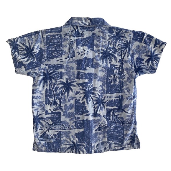 Kids Small Hawaiian Shirt Blue Cotton Aloha Tropical Palm Trees All Over‎ Print - Picture 7 of 10
